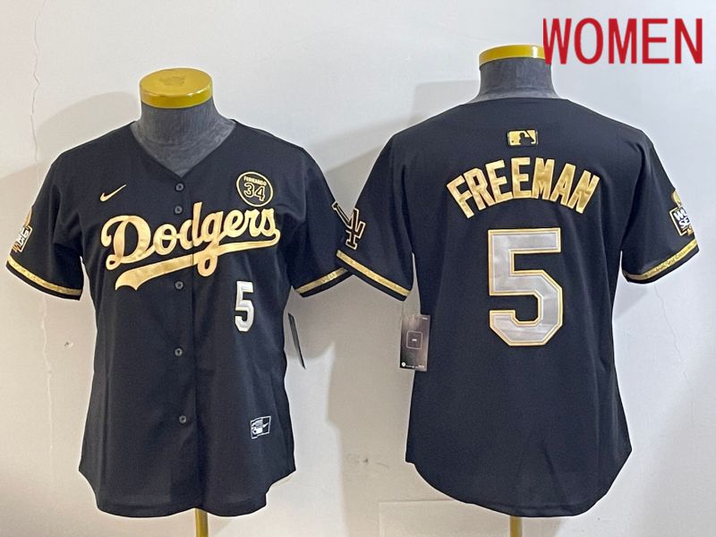 Women Los Angeles Dodgers 5 Freeman Black Gold Fashion Nike 2024 MLB Jersey style 1120